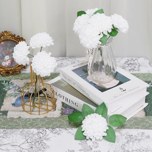 White Dahlia Artificial Flowers,25Pcs Faux Dahlia Flowers Heads Real Looking Foam Roses with Stem for DIY Crafts Wedding Party Office Home Floral Arrangements (White) - color: White