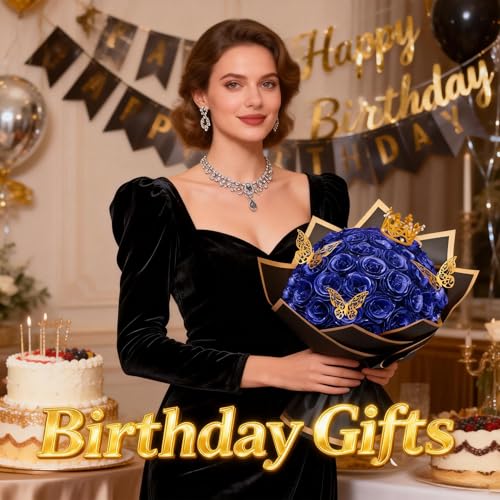 Blue Glitter Roses Bouquet Forever Flowers, 36 Pcs DIY Artificial Glitter Rose Bouquet with Bear & Butterfly, Eternal Flowers Gifts for Her, Girlfriend, Valentines, Birthday, Mother's Day - color: Fba-blue