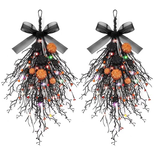2 PCS Halloween Wreaths Halloween Floral Teardrop Swags Hanging Swag Plants Black Garland with Pumpkin Berries and 9.8ft Lights for Indoor Outdoor Party Wall Home Room Fireplace Porch Window Decor - color: Halloween Swags