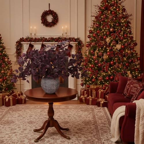Giegxin 8 Pcs Artificial Burgundy Eucalyptus Stems, 32.7 Inch Christmas Faux Eucalyptus Stems Fake Burgundy Branches Spray Silk Leaves Plants for Vase Home Farmhouse Table Decor
