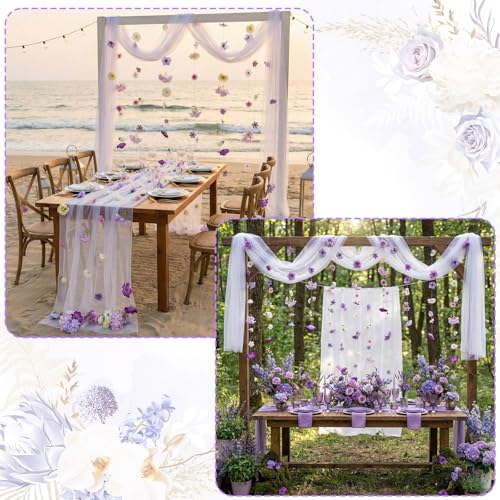 6 Pcs 35.4 Inch Artificial Purple Flower Garlands with 3 Pcs 10 Ft Wedding Tulle Table Runner Wildflower Vines Floral Table Runner Garlands for Wedding Bridal Shower Spring Tea Party - style: Purple Wildflower
