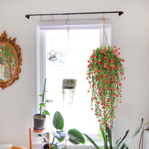 SJL Artificial Hanging Plant 4pcs Fake Hanging Plants Greenery Decor Plastic Flower Artificial Plants Indoor Fern Ivy Leaves Flowers Real Touch Stem for Wedding Party Outside Home (Red) - color: Red