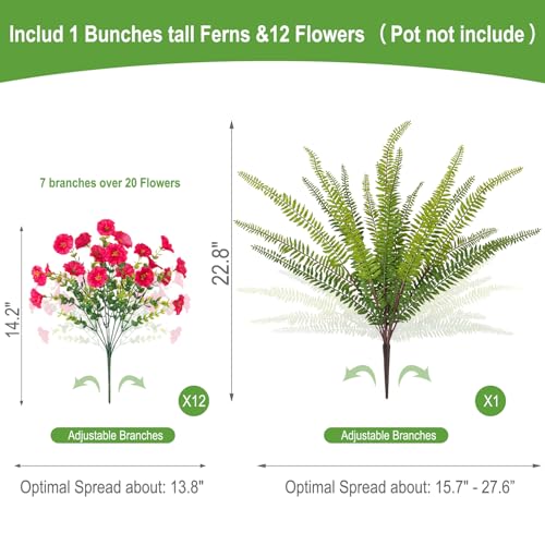 Hrobek Artificial Flowers for Outdoors Faux Plants Outside Indoor,UV Resistant Silk Fake Petunia Ferns for Home Patio Garden Back Yard Front Porch Decor(13 Bunches,Hot Pink) - color: 2 Color Mixed (12 Hot Pink,1 Tall Fern)