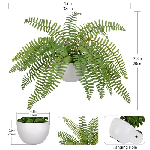 Hollyone Artificial Fern Potted Plant for Outdoors Indoors Lifelike Faux Boston Fern Artificial Plants in White Pot for Garden Patio Home Farmhouse Windowsill Office Decoration - color: Green 3
