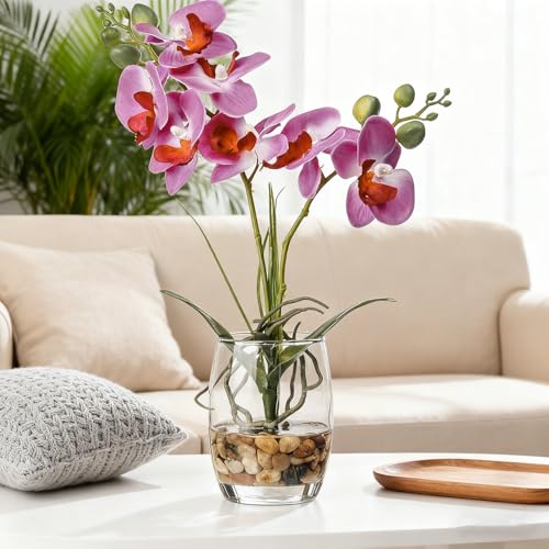 Jusdreen Artificial Purple Orchid in Glass Vase, Realistic Phalaenopsis Arrangement with Potting for Home Office Table Decor, 14.5 Inch Flower Centerpiece - color: Glass-purple
