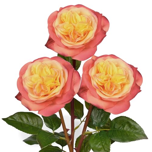 Artificial Roses - Set of 3 Long-Stem Real Touch Silk Roses, 24.4" Faux Flowers for Home Decor, Wedding Bouquets, Centerpieces & Floral Arrangements – Lifelike Yellow Pink Fake Roses - color: Yellow Pink