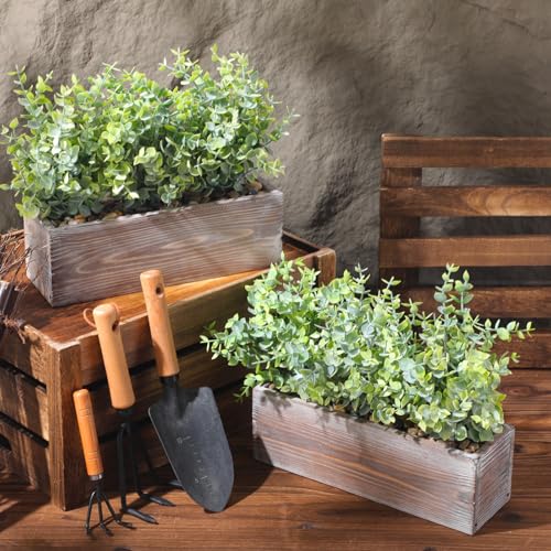 Lyrow 2 Pack Artificial Eucalyptus Plant in Rustic Rectangular Wooden Planter Box Greenery Faux Potted Herb Plant for Indoor Wedding Table Centerpiece(Green,11.4 x 3.7 x 7.8 Inches,Classic Style) - color: White, size: 11.4 Inch, style: White Frosted Point
