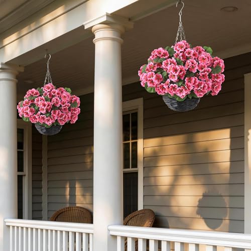 GLIDLION 2 Set Artificial Geraniums Flowers with Hanging Baskets for Outdoors - Sun Resistant Silk with Geranium Flowers, Fake Hanging Planters for Front Porch Garden Patio Home Decor (Peach Pink) - color: Peach Pink