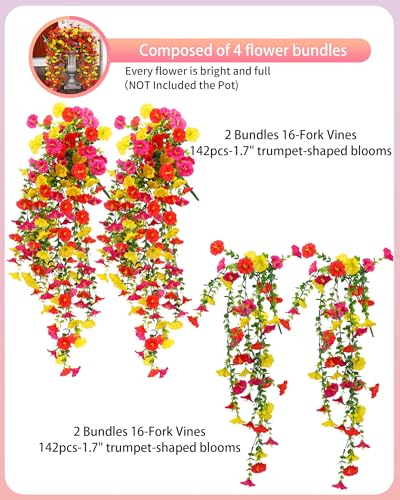 Cascading Fake Hanging Flowers for Outdoors,Realistic Artificial Hanging Plants Yard Decorations,4 Bundles UV Resistant NO Fade Silk Colorful Morning Glory for Outside Garden Planter Front Porch Decor - color: Red Yellow Rose