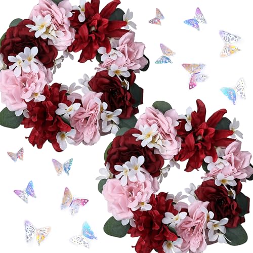 Artificial Flower Candle Rings - 6 Inch Inner Rose Floral Wreaths with Butterflies for Wedding Bridal Event Table Centerpieces Backdrop Decorations (Burgundy & Pink, 2 X Candle Rings) - color: Burgundy & Pink, size: 2 X Floral Wreaths