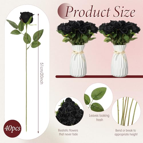 Hotop 40 Pcs Rose Artificial Flowers Bulk with Long Stem,Realistic Silk Fake Roses Bouquet for Home Wedding Centerpieces Party Table Decoration Valentines Gifts(Black) - color: Black