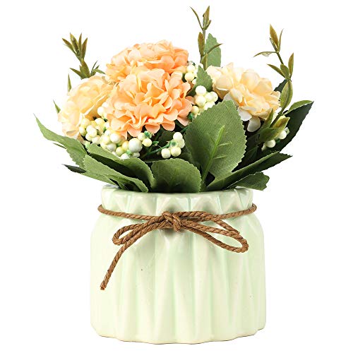 SUPNIU Artificial Hydrangea Bouquet with Small Ceramic Vase Fake Silk Variety Flower Balls Flowers Decoration for Table Home Party Office Wedding (Blue) - color: Blue