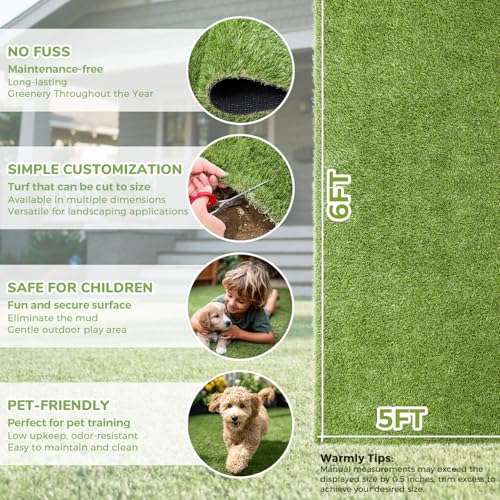 Artificial Grass Rug Indoor Outdoor, 5 x 6FT Faux Grass Turf with Drainage Holes, Realistic Artificial Lawn Rug Dog Pets Mat, Turf Carpet for Garden Lawn Landscape Balcony Patio Backyard Decor - size: 5 ft x 6 ft = 30 Square ft