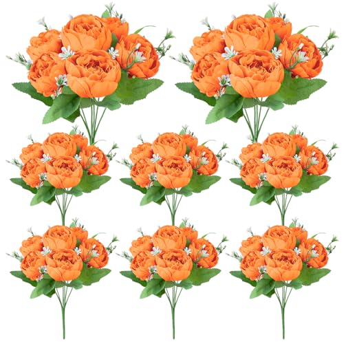 8 Pack Orange Peonies Artificial Flowers, Fall Fake Silk Hydrangea Bouquet for Bridal Wedding Home Table Decor Reusable Dining Opening Ceremony Birthday Arrangement Faux Floral - color: Orange