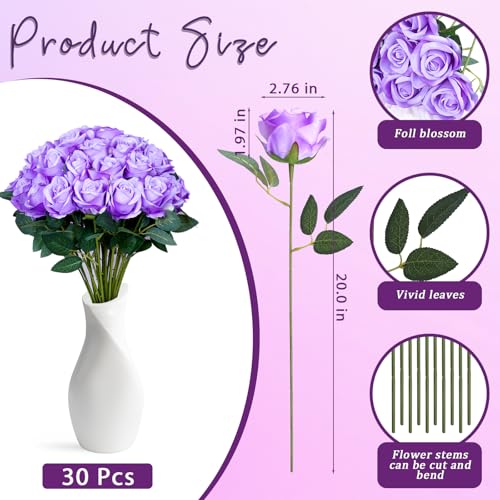 30pcs Fake Roses Artificial Silk Flowers Long Stems Bouquet for Wedding Bridal Shower Party Home Decoration (Purple) - color: Purple