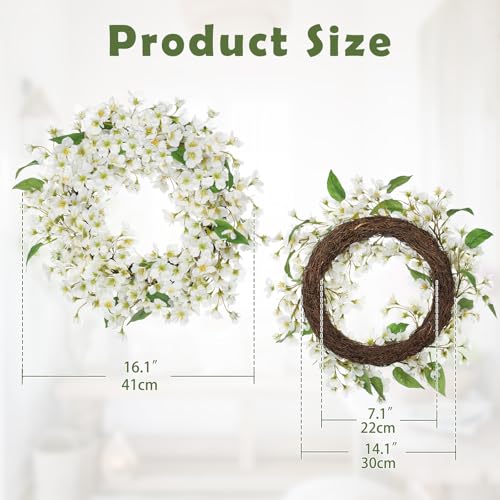 Spring Summer Wreaths for Front Door, 16 Inch Cherry Blossom Wreaths for Spring Summer Decor, White Wreaths for Front Door, Window, Home, Wall, Porch, Farmhouse Decor, Spring Artificial Flower Wreaths - color: # White 16"