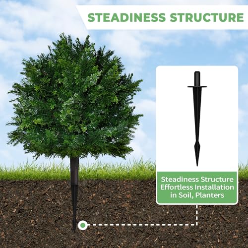 Artificial Cedar Topiary Ball Trees – Ground Spike – 16.5" – UV Resistant Faux Shrubs for Outdoor Decor, Front Porch & Garden – Evergreen Bushes for Yard, Patio, Landscaping (1)