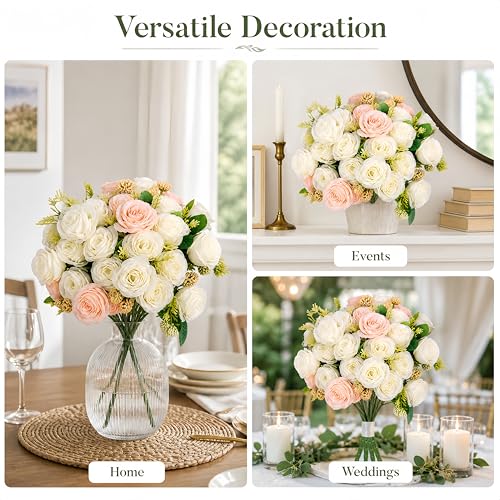 4 Bundles Peony Artificial Flowers, White Peonies with Stems for Home Wedding Party DIY Decor