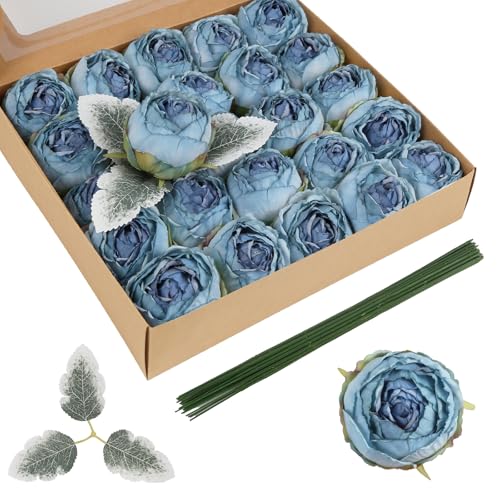 24PCS Artificial Peony Flower Heads 2.56" Fake Blue Flowers Silk Peonies with Stems Real Look for DIY Wreaths Wedding Bouquets Cake Party Home Decoration (Blue) - color: Blue