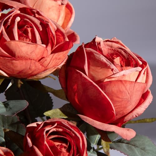 20pcs Faux Roses Silk Fake Rose Flowers with Stems Real Look Valentines Floral Artificial Rose Bouquet Decorations for Wedding Anniversary Arrangement (Brick Red) - color: Brick Red