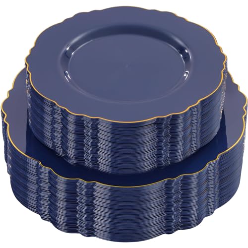 WDF 100pcs Blue Plastic Plates - Baroque Blue&Gold Disposable Plates for Parties/Wedding-50Plastic Dinner Plates 10.25in, 50Salad Plates 7.5in for Party/Birthday/Wedding/Independence Day/Father's Day - color: Blue and Gold, size: 100PCS
