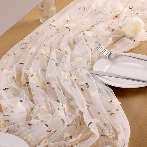 6 Pack Embroidery Floral Table Runner Rustic Spring Summer Wildflower Tulle Table Runner Vintage Flower Tabletop Runners for Home Kitchen Wedding Party Decoration, 108x24.5 Inch (Apricot Flowers) - color: Apricot Flowers-6, size: 108*24.5 inch