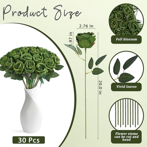 30pcs Fake Roses Artificial Silk Flowers Long Stems Bouquet for Wedding Bridal Shower Party Home Decoration (Green) - color: Green