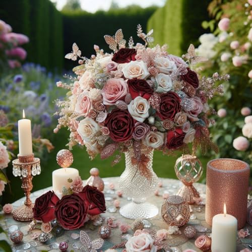 Fake Roses,16PCS Burgundy Flowers Artificial Silk Roses with Stems for Wedding Bouquets Party Bridal Shower Home Decor(Burgundy) - color: Burgundy