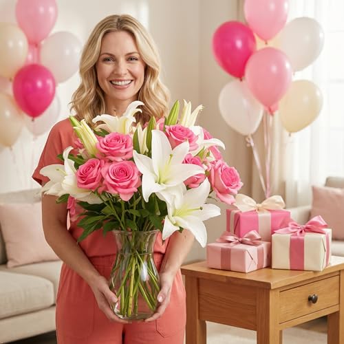 Benchmark Bouquets Oriental Lily & Pink Rose Bouquet – Real Fresh Flowers for Delivery – Mothers Day Flowers for Mom – Long Stem Roses Fragrant Lilies – Gifts for Mom & Mother-in-Law – Vase Included - color: Pink