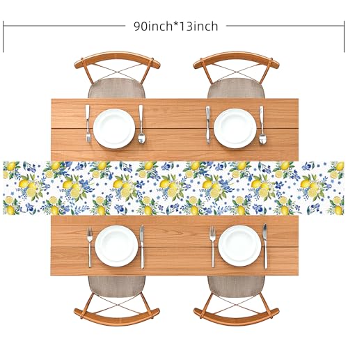 Lemon and Blue Floral Table Runner, 90 x 13 inches, White | Seasonal Kitchen Dining Table Decoration, Home Party Birthday Wedding Decor - size: 90 Inches X 13 Inches