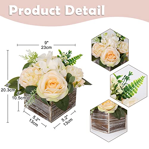 DILATATA Flower Arrangement with Wooden Vase 8" Artificial Flowers in Pot - Fake Flowers Roses Peonies Hydrangeas in Wooden Vase Potted Flower Centerpieces for Table Decor - Pale Yellow - color: 8"h Pale Yellow