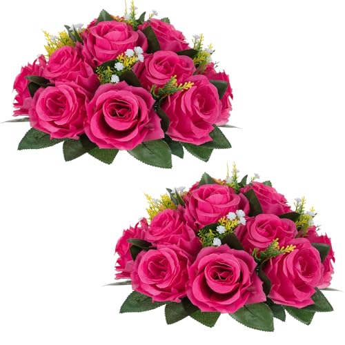NUPTIO Flower Ball for Table Centerpieces: Hot Pink Artificial Rose Kissing Balls for Wedding Party Valentine Tables - 2 Pcs Faux Silk Floral Arrangements for Home Dining Event Decorations - color: Hot Pink, size: 2 Pcs