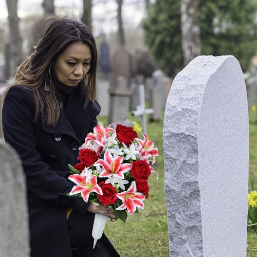 XONOR Artificial Cemetery Flower for Graves, Cemetery Memorial Flowers with Vase for Gravesite Outdoor Tombstone Decorations, Lily Rose Flowers Bouquets (Red Lily, 2 Bouquets) - color: Red