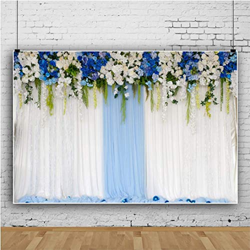 AOFOTO 15x10ft Blue White Flowers Curtain Wedding Backdrop Romantic Floral Wall Drapes Bride Groom Ladies Girls Photoshoot Background for Wedding Reception Ceremoney Birthday Cake Table Decor Banner - size: 15x10ft