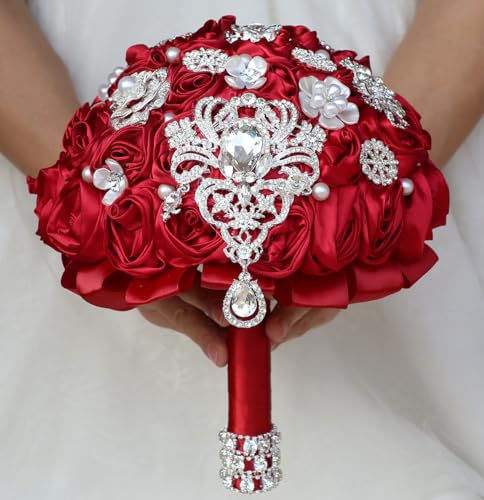 Bridal Wedding Bouquet Round Bling Brooch Bouquet Artificial Rose Flower Bunch for Bride Bridesmaid Wedding Quinceanera(Ruby Red, 8.7") - color: Ruby Red*, size: Medium (Dia. 8.7"/22cm)