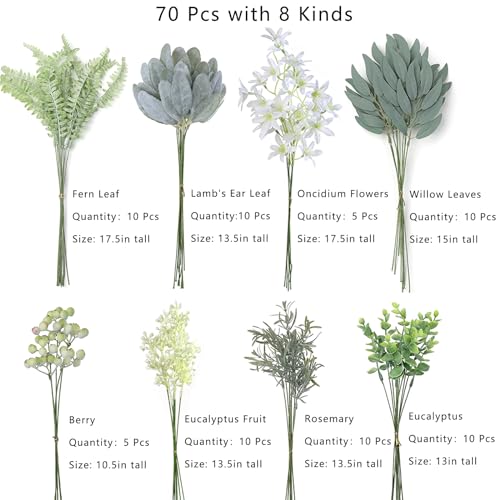 FOTEEWL 70 Pcs Artificial Greenery Stems Box Set,with 8 Kinds of Faux Plants and Fake Flowers for DIY Bridal Bouquets Wedding Floral Arrangement Table Centerpieces Decoration (Sage Green & White) - color: Sage Green & White