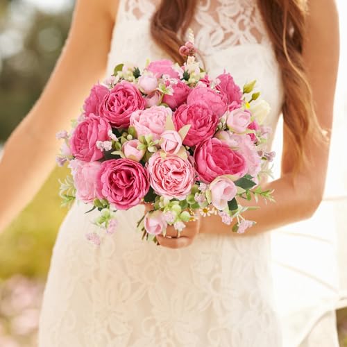 Artificial Peonies Silk Flowers, Pink Faux Peony Bouquet 2 Bundles Florals Arrangements Decor for Farmhouse Home Boho Wedding Table Centerpiece, Fake Plastic Flower Bulk for Vase Decoration (Mix Pink) - color: Mix Pink, size: 2PCS