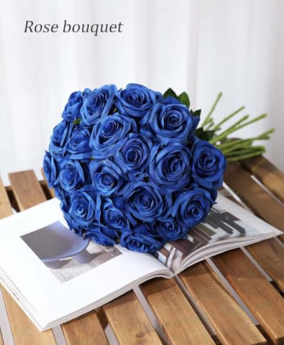 Laelfe 12 pcs Artificial Blue Roses Flowers Long Stem Fake Silk Rose for Home Wendding Decorations (Blue) - color: Blue