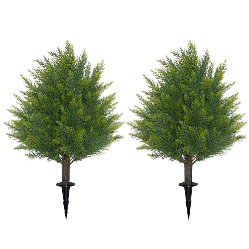 21'' Artificial Cedar Topiary Ball Trees with Ground Spike, 2 Pack Artificial Shrubs, UV Resistant Fake Plant Brush for Indoor Outdoor Front Porch Garden