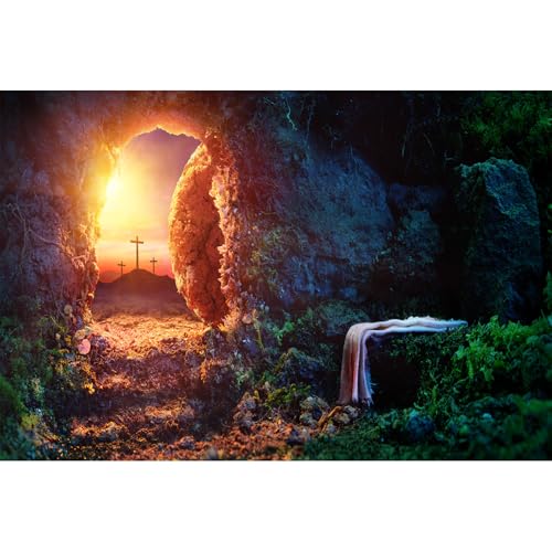 Empty Stone Tomb Backdrop Sunrise Sunset Crucifixion Resurrection of Jesus Christ Photography Background Holy Lights Cross Background God Bless Jesus Christian Easter Christian Backdrop 5x3ft - color: Black_Orange, size: 5x3ft