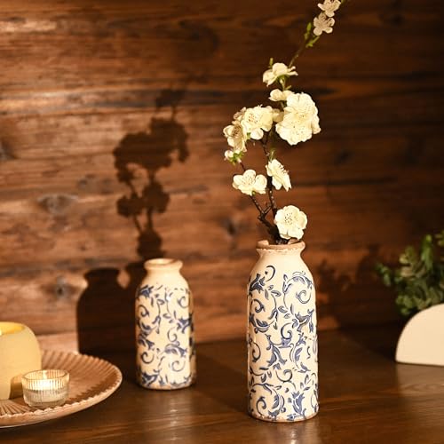 VICTOR & TERESA Blue and White Ceramic Vases Home Decor, Farmhouse Vase for Flowers, Flower Vase Set of 2, Rustic Decorative Vases for Pampas Grass, Table, Living Room, Shelf, Centerpieces, 8 inch - color: Blue and White