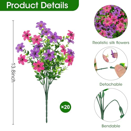 20 Bundles Artificial Flowers for Outdoors, Fake Silk Flowers UV Resistant Faux Realistic Plastic Plants for Spring Summer Porch Patio Garden Planter Window Box Home Decor, Purlple Fuchsia - color: Purlple Fuchsia