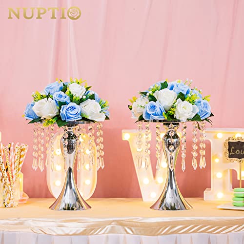 Nuptio 2 Pcs Tabletop Metal Wedding Flower Vase, 10.2in/26cm Height Vases for Centerpieces Silver Crystal Flower Stand for Anniversary Ceremony Party Birthday Event Aisle Home Decoration - color: Silver, size: 2 x S