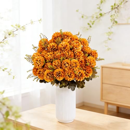 18 Heads Artificial Chrysanthemum Flowers Fake Mums Orange Ball Flowers Bouquet Silk Chrysanthemums Bouquet for Home Indoor Outdoor Table Centerpiece Vase Pots Wedding Decoration, 2 Pcs - color: Orange Chrysanthemum
