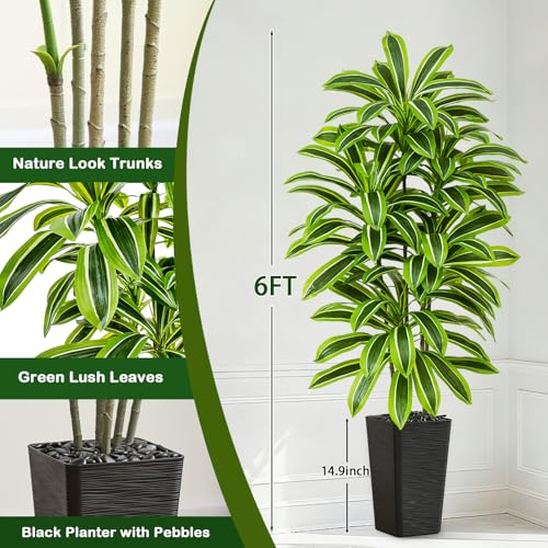 Artificial Yellow Dracaena Tree - 6FT Tall Fake Plants with Black Planter - Artificial Plants Indoor Floor Plant in Pot - Large Tropical Fake Yucca Potted Tree for Home Office Living Room Decor - color: Black-yellow Leaf, size: 6 FT
