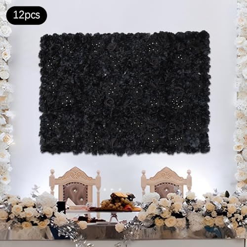 12 Pcs Artificial Flower Wall Panels Silk Dahlia Rose 3D Faux Flower Backdrop Panels Background Decorative for Wedding Celebrations Festive Party Home, 23.62 * 15.74in (Black-1) - color: Black-1