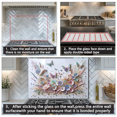 DAIFURONGE Butterfly Tempered Glass Backsplash for Kitchen, 30" x20'' | Frameless,Easy to Clean - size: 30"L x 20"W