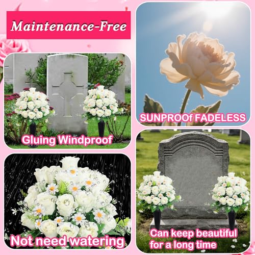 Wocst Artificial Cemetery Flowers for Grave Memorial Day Flowers for Cemetery,2Pack Artificial Silk Roses Daisy Bouquets with Cemetery Vases for Outdoor Grave Decorations ﻿ (White) - color: White