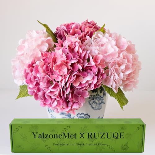 YalzoneMet 4 Pcs Real Touch Hydrangea Artificial Flower Lifelike 21'' Long Stem Latex Hydrangea Flower for Thanksgiving Home Kitchen Decor Wedding Christmas Table Centerpiece 2 Pink + 2 Rose Pink - color: Magenta Pink