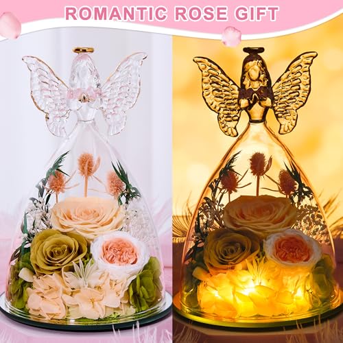 Mothers Day Rose Gifts for Women Preserved Real Flower in Glass Angel Figurines Roses for Delivery Prime Birthday Gifts for Mom Grandma Girlfriend Wife Her, ChampagneGold Austin - color: Champagnegold Austin